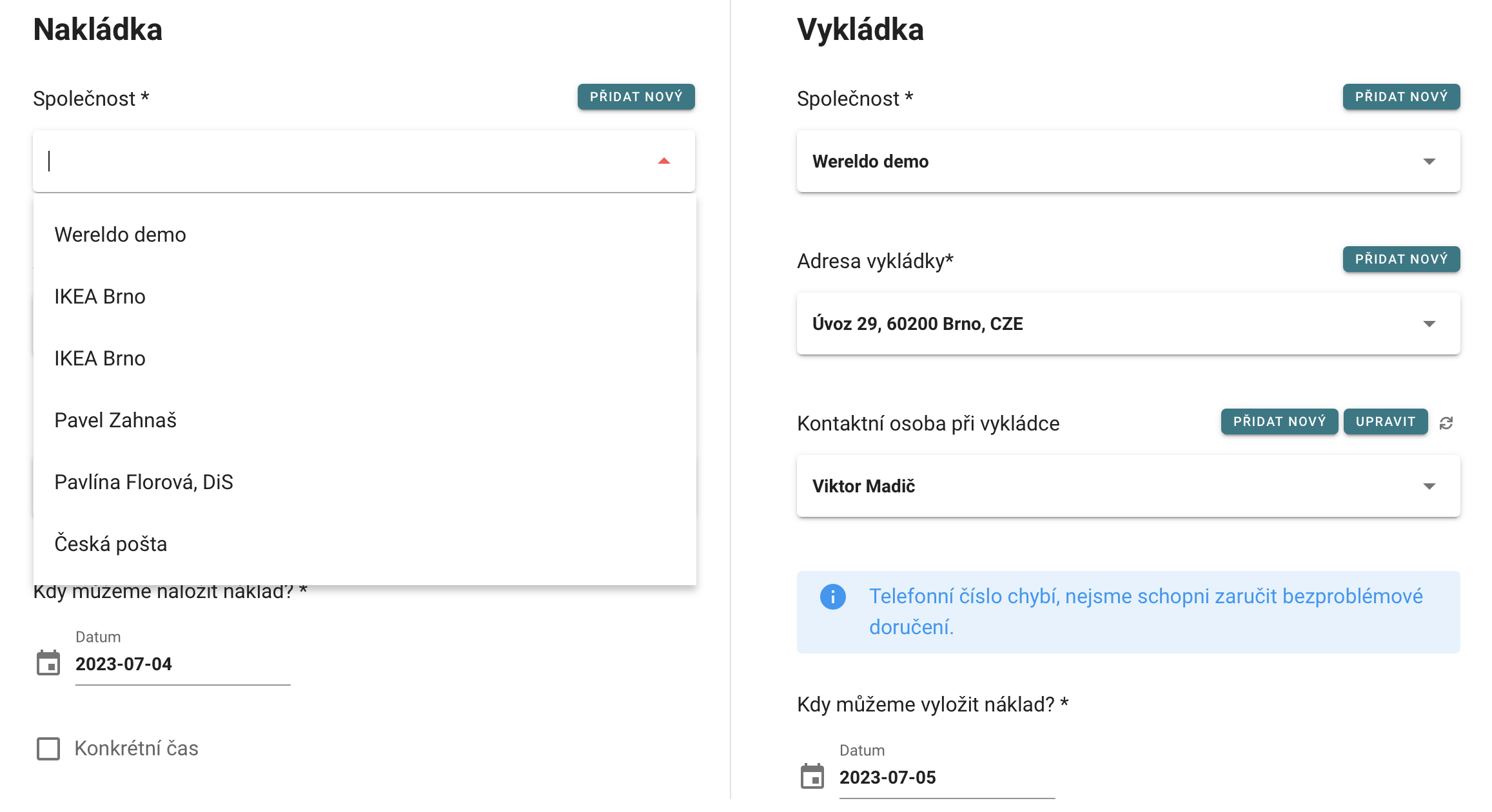 formular objednání přepravy - vyber adresy